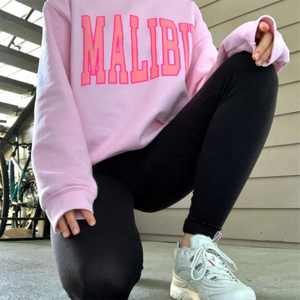 Malibu Pink Women Oversize Style Loose Cotton Pullovers Long Sleeve Crewneck Autumn Sweatshirts Ins Fashion Casual Jumpers