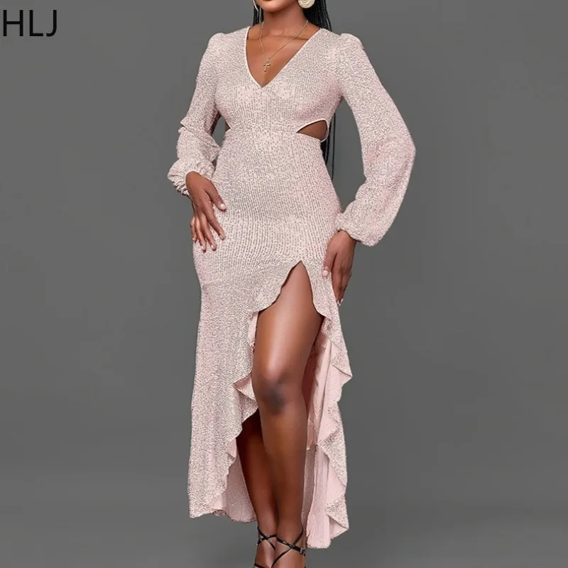 

HLJ Elegant Sequin Ruffle Patchwork Bodycon Long Dress Women Shining Long Sleeve Deep V-neck Dresses Female Clubwear Vestidos
