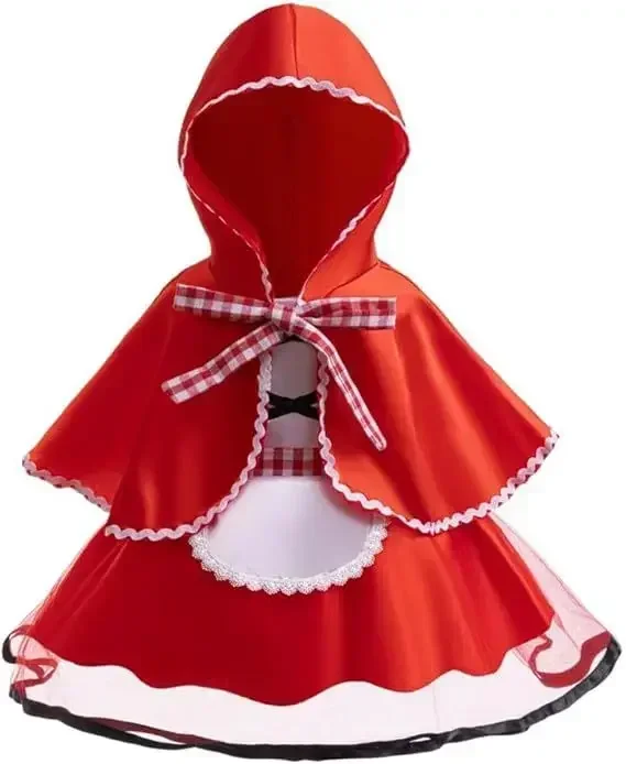Mädchen Märchenkostüm mit Kapuze, rotem Umhang, Netz-Tutu-Kleid, weißer Schürze, Kinder-Halloween-Karnevalskostüm – Detail 3