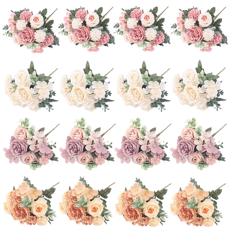 

4PCS Artificial Flowers Silk Peony Hydrangea For Living Room Home Decoration Wedding Bride Bouquet Rose Fake Plants