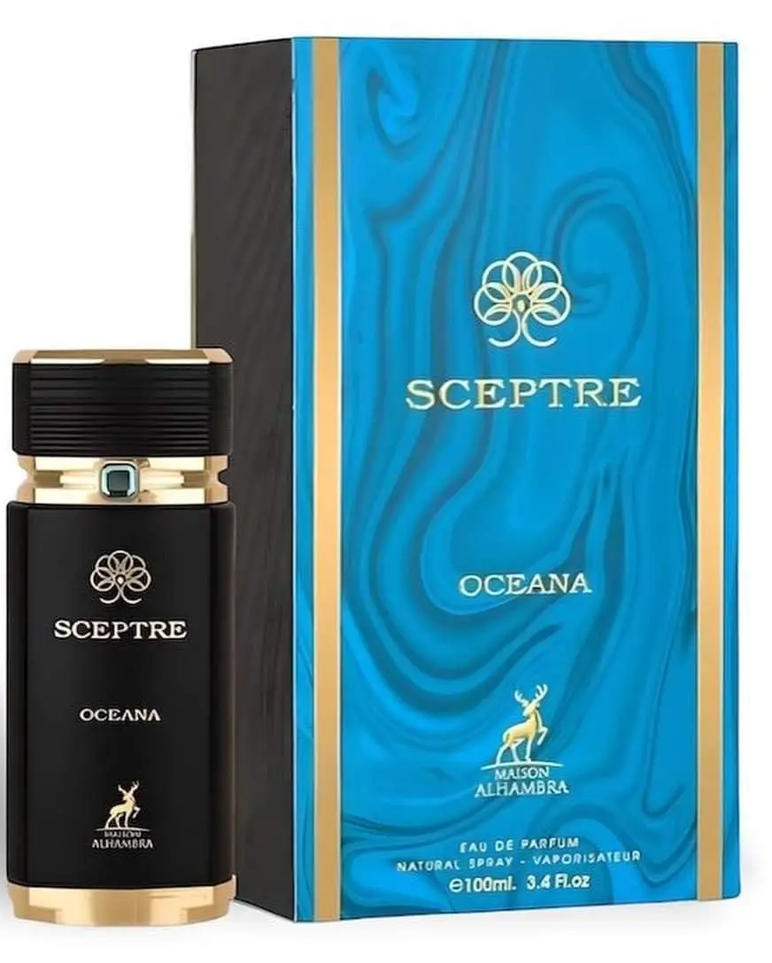 Perfume Original Maison Alhambra Sceptre Oceana Eau de Parfum 100ml, Fragrância Aquática Cítrica Amadeirada com Notas de Almíscar, Frasco Luxuoso em Preto e Dourado, Conjunto de Presente Unissex