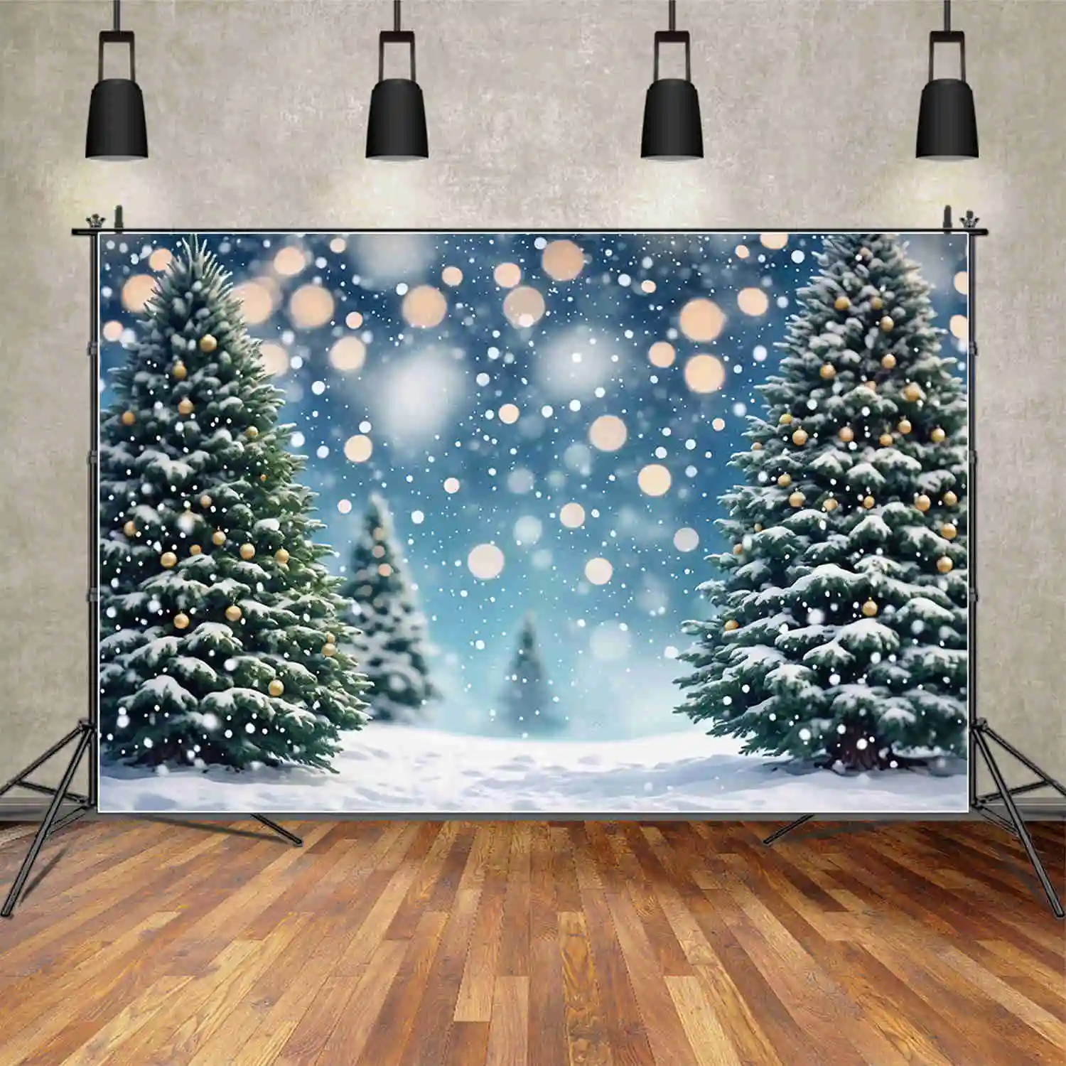 MOON.QG Snow Winter 2025 Backdrop Christmas Pine Trees Green Blue Children Backgrounds Custom Party Decorations Photo Zone Props