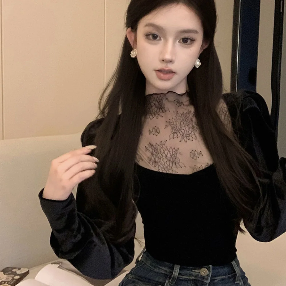 French Bubble Sleeve Velvet T-shirt Women Fashion Korean Popular Clothes Mesh Half High Neck Tops Ladies Autumn Winter Slim Tees