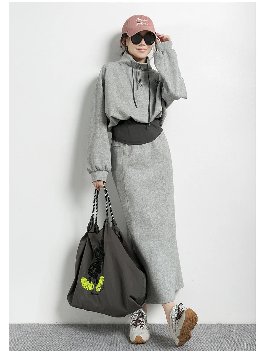 

Grey Draped Sports Sweatshirt Set Women's Spring Summer New Style Half Skirt Two Piece Set Splice Fashionable Autumn Wear
