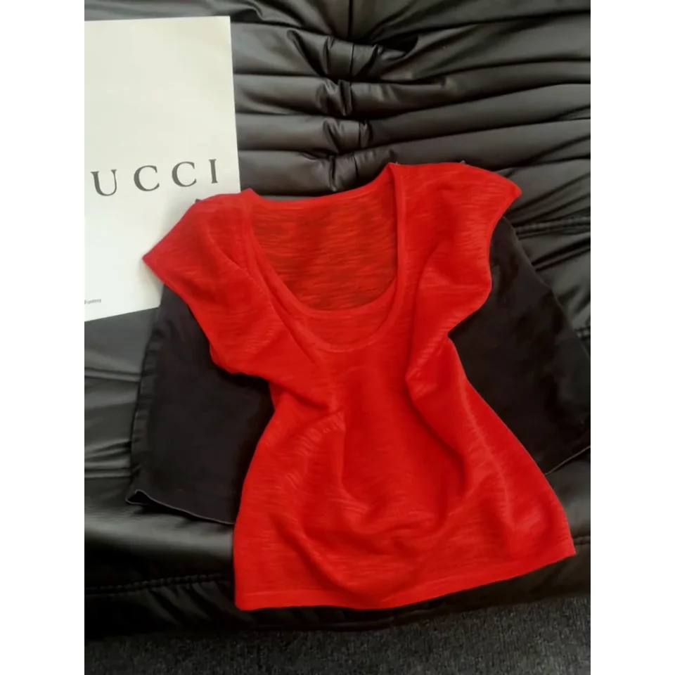 

Summer Casual Fashion Floral Knit Short Sleeve Slim Fit Thin Women's Top Simple Versatile Body Shaping Knitted Shirt