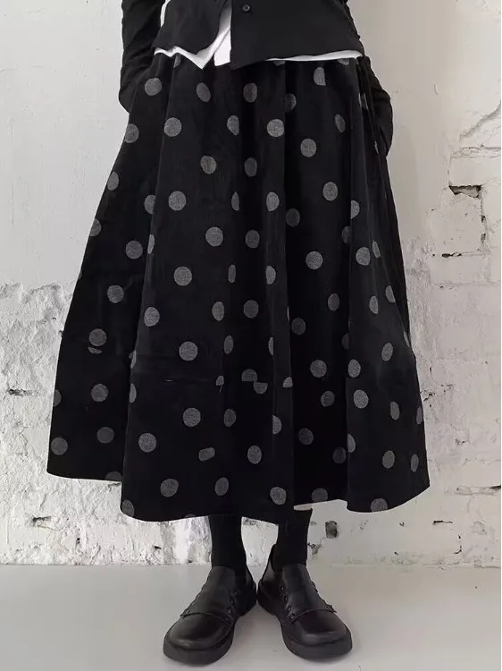 Retro polka dot veludo cintura alta a linha saia feminina outono inverno tamanho pequeno guarda-chuva saia flor bud saia longa