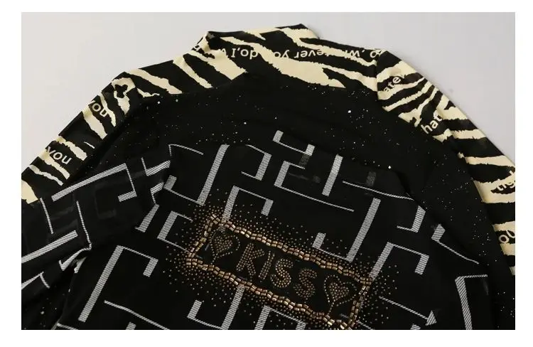 MadBlack, European Clothes T-Shirt, Women Sexy Mock Neck Diamonds Top, Long Sleeve Lace Fashion Tee, 2024 Fall Winter T487122QM