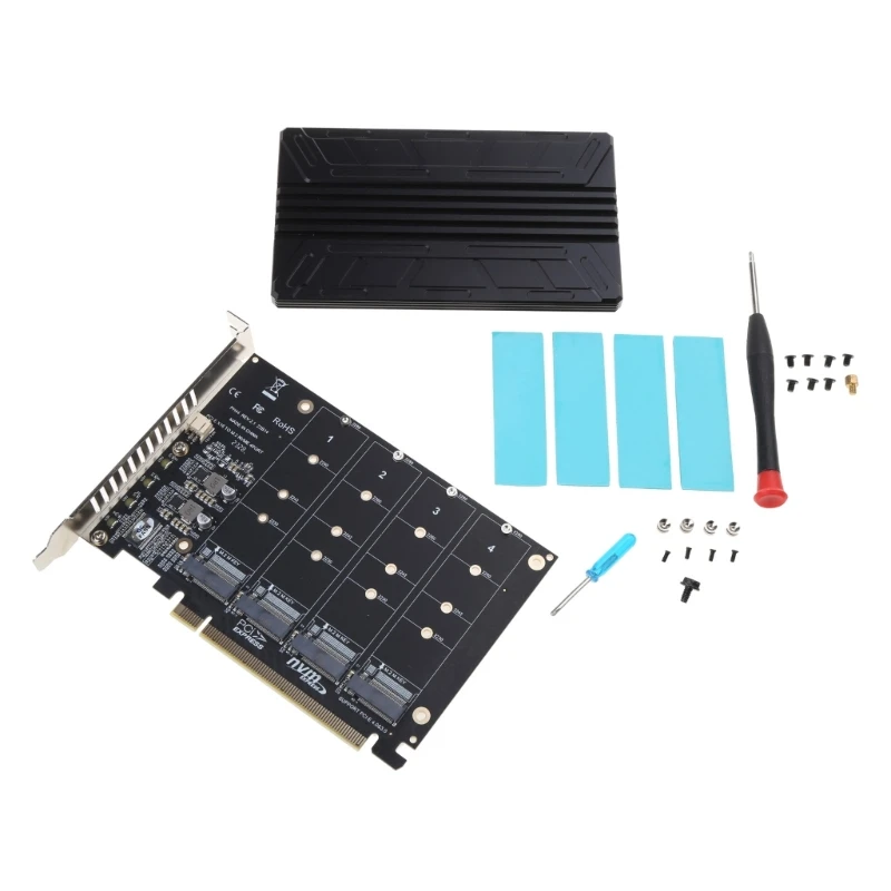 NVME M-KEY SSD RAIDs PCIE X16 Array Expansion Adapter Board PCIE Split Card with All-Aluminum Heatsink Pad