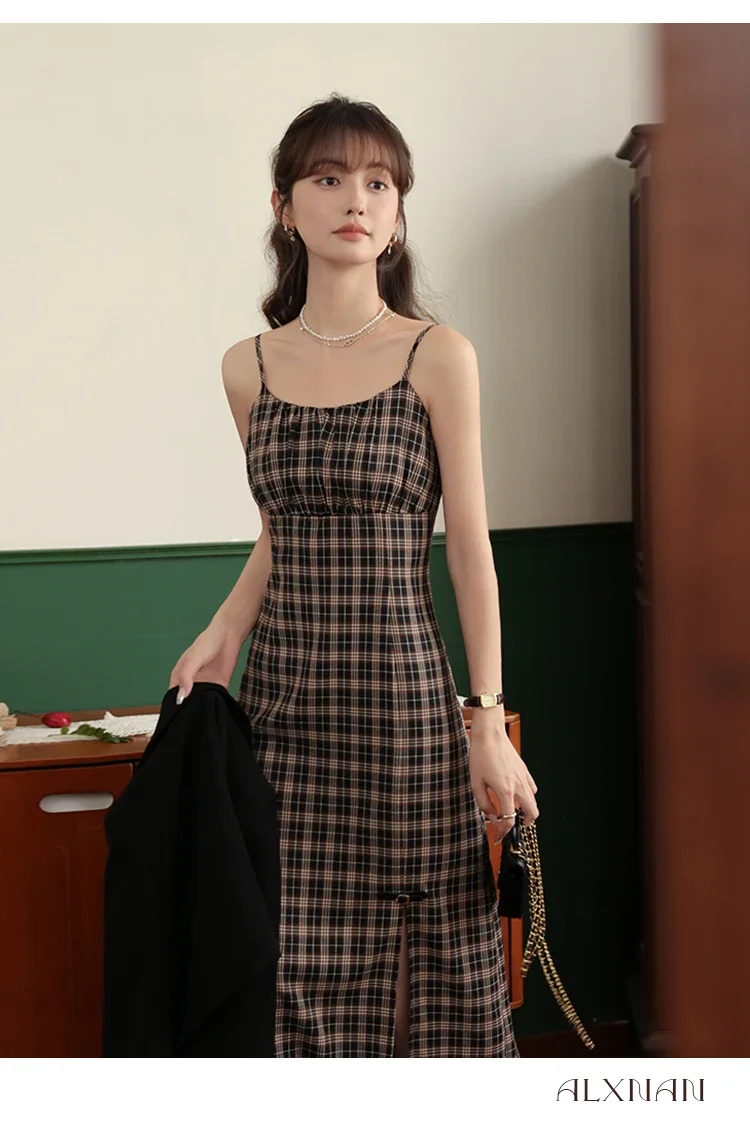 

ALXNAN Women's Plaid Camisole Dresses Slim A-line High Waist Slash Neck Midi Dress Autumn Sundress Sold Separately LXN31355LYQ