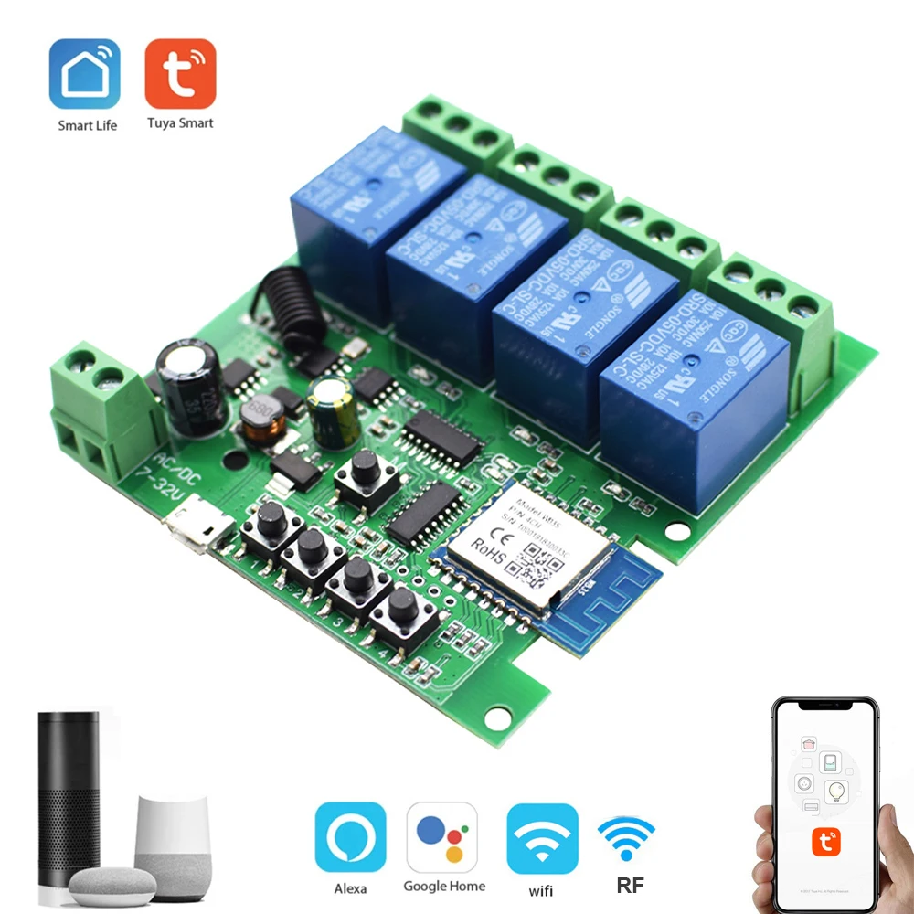 4CH Smart Switch Tuya 7-32V 12V 24V 220V 110V 85-250V Inching Relay 10A Module Work with Tuya Smart Life APP Alexa Google Home