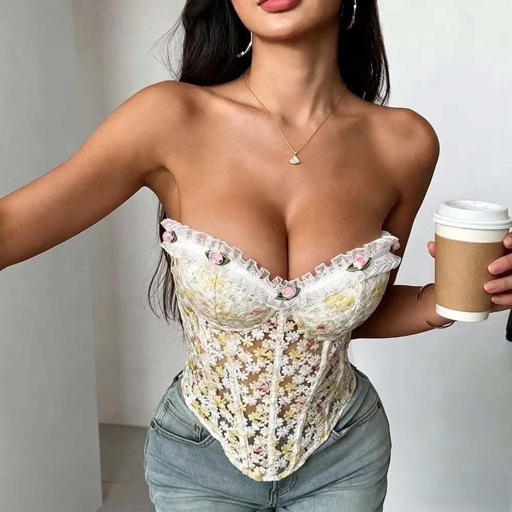Exotic Backless Strapless Top with Floral Embroidery Lightweight Semi-Transparent Roped Binding  Style Women's Tube Top