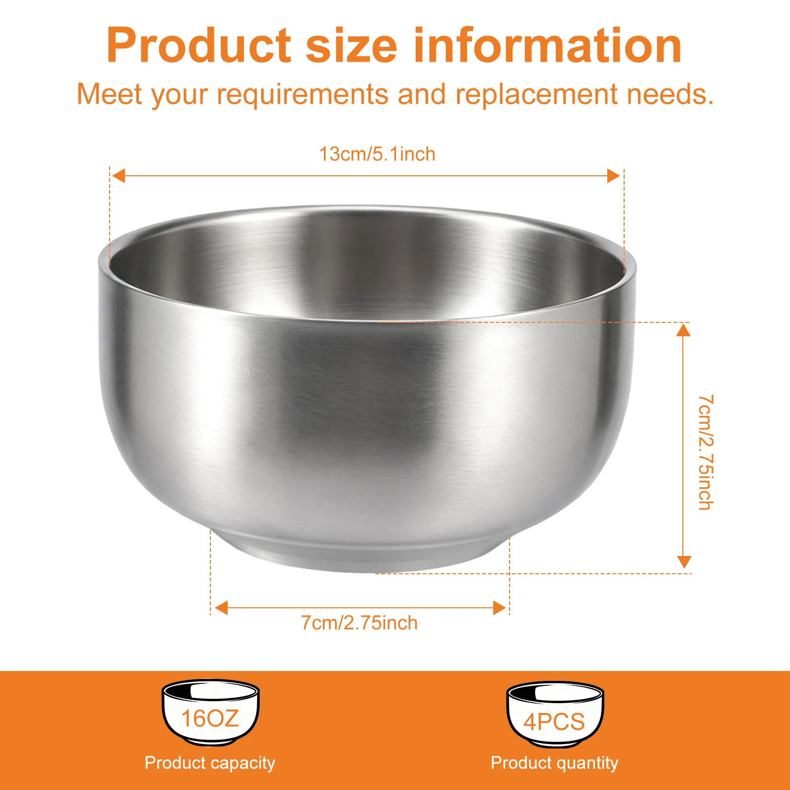 4/6Pc Stainless Steel Bowls Set Double Wall Insulation Serving Bowl Rust Resistant Soup Bowl Silverware for Daily Meals Desserts