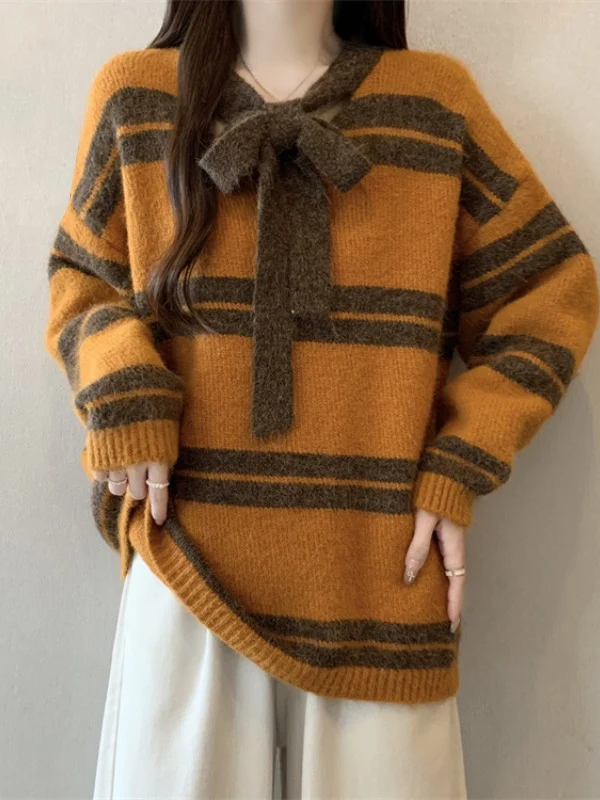 Autumn Winter Women's Knitted Sweater Large Size Shoulder Stripes Pumpkin Color Middle Length Cashmere Knitwear Casual Style