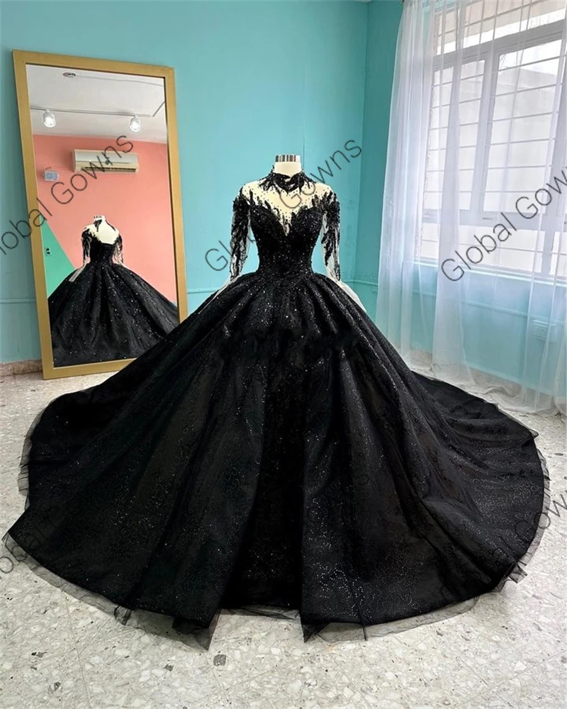 Princesa Preta Novo Design O Pescoço Vestido De Baile Vestido Quinceanera Para Meninas Vestidos De Festa De Aniversário De Lantejoula Com Manga Cheia Personalizado