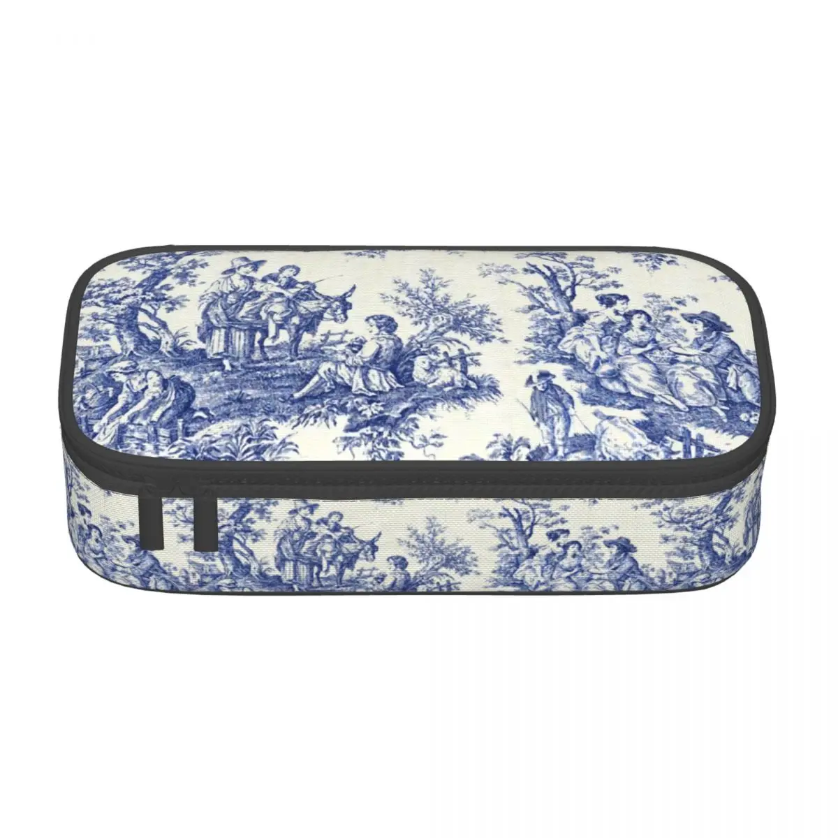 Customized Classic French Navy Blue Toile De Jouy Motif Pattern Kawaii Pencil Cases Traditional France Art Pencil Bag Stationery