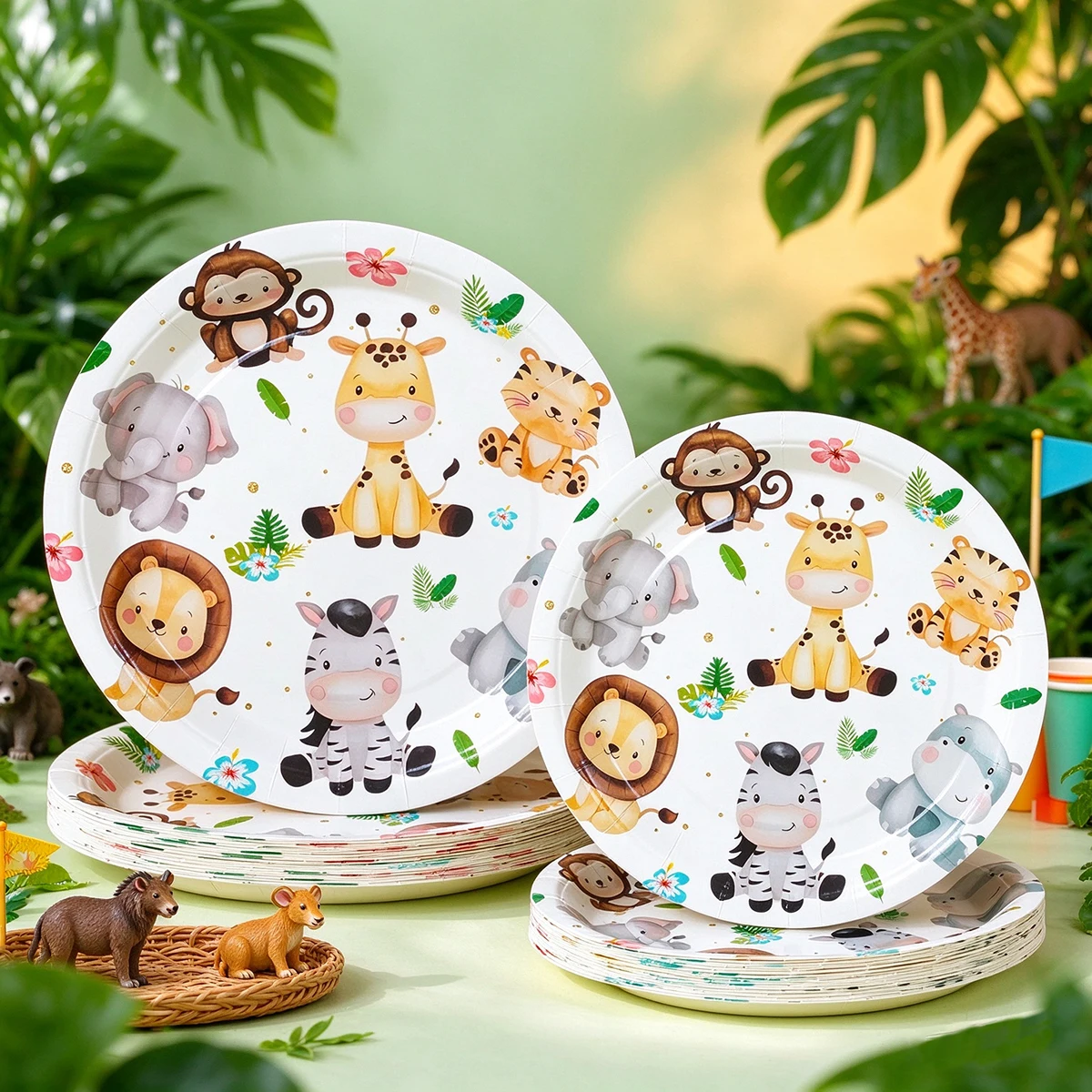 Cartoon Jungle Safari Animal Disposable Paper Plates for Kids Wild One Birthday & Baby Shower Party Supplies