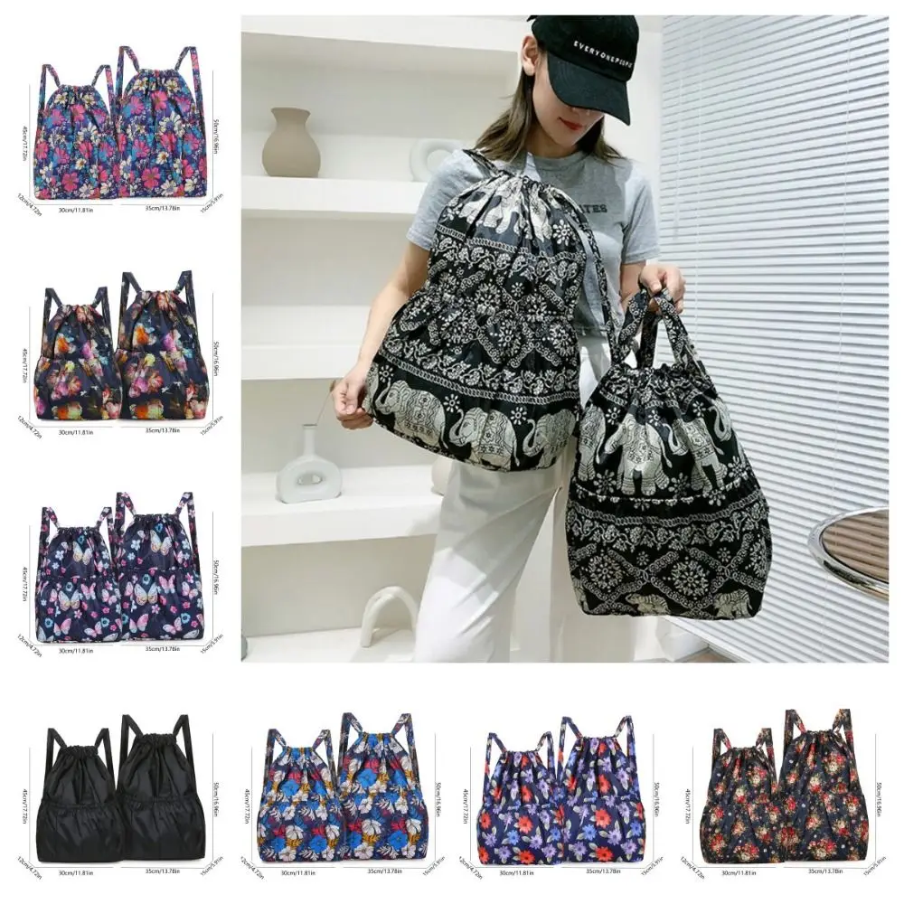 Large Capacity Flower Printing Backpack Shoulder Bag Elephant Drawstring Bag Solid Color Beach Bag Ethnic Style Handbag