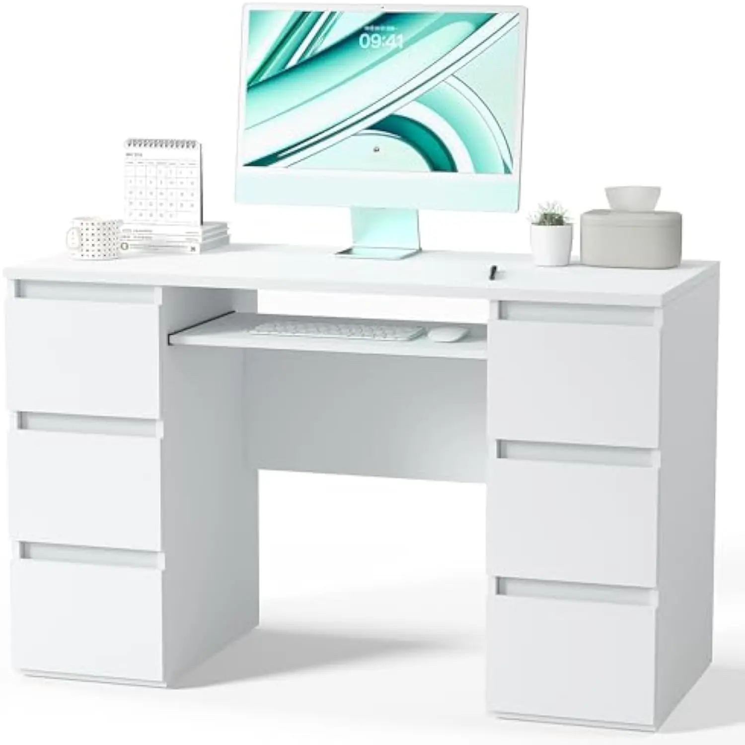 

Computer Desk with 6 Drawers, White PC Laptop Desk with Storage & Shelf, Modern Work Study Writing Table for Bedroom, Thick Woo