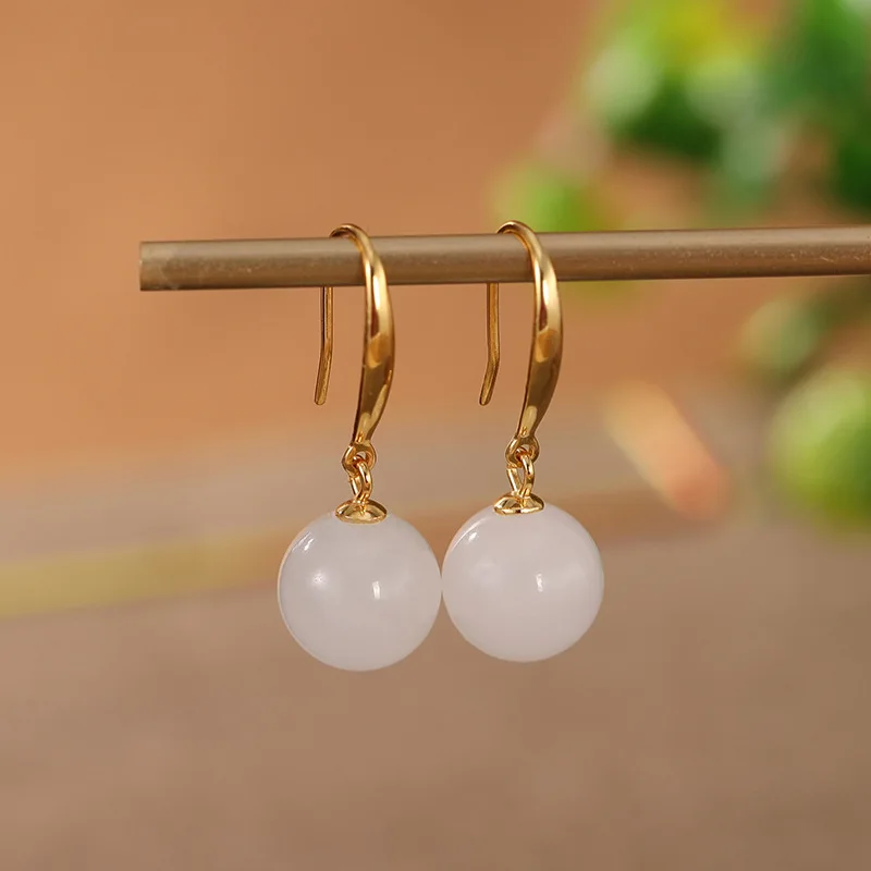 S925 Sterling Silver Gold-Plated Natural Hetian Retro Simple All-Match Women's White Jade Earrings Jewelry