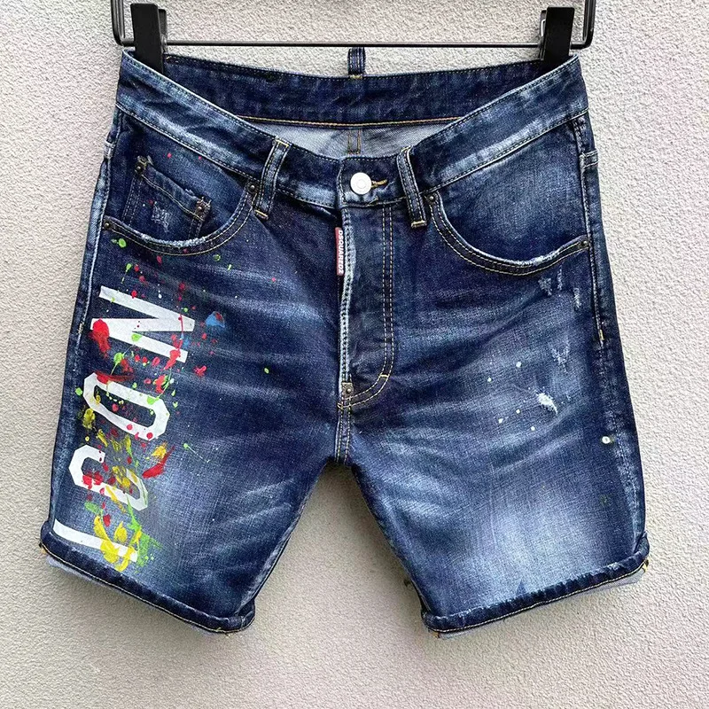 Blue shorts men's five-point jeans D2 paint throwing trendy men's ICON delivery source pants