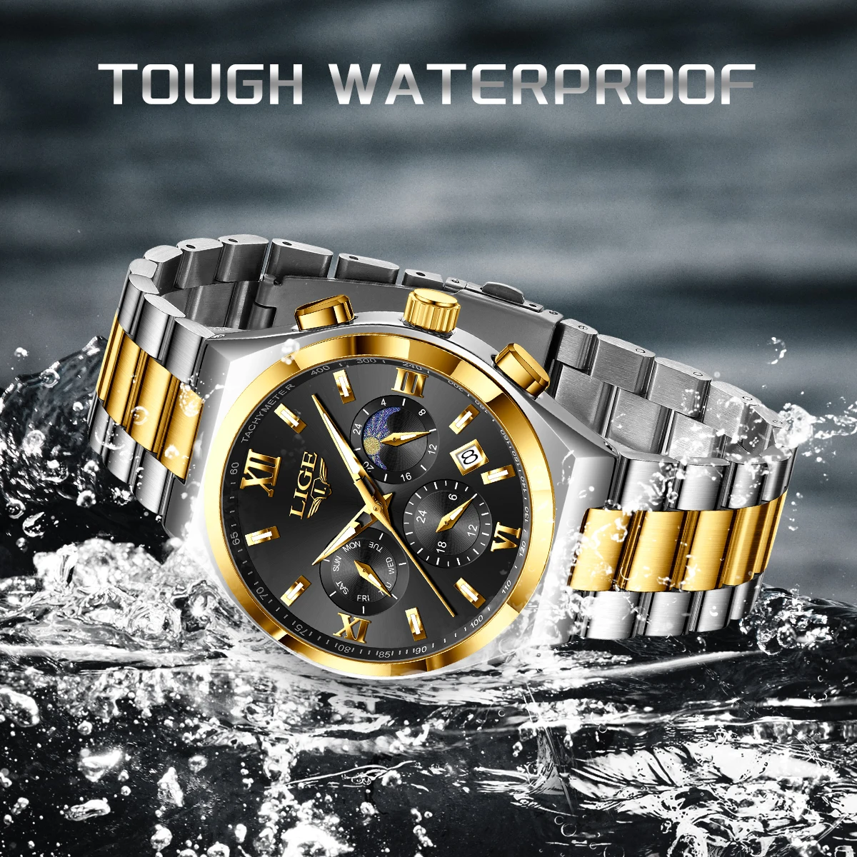 LIGE Business Luxury Quartz Men Watch Fashion Classic Stainless Steel Casual Moon Phase Waterproof Luminous Date Week Wristwatch