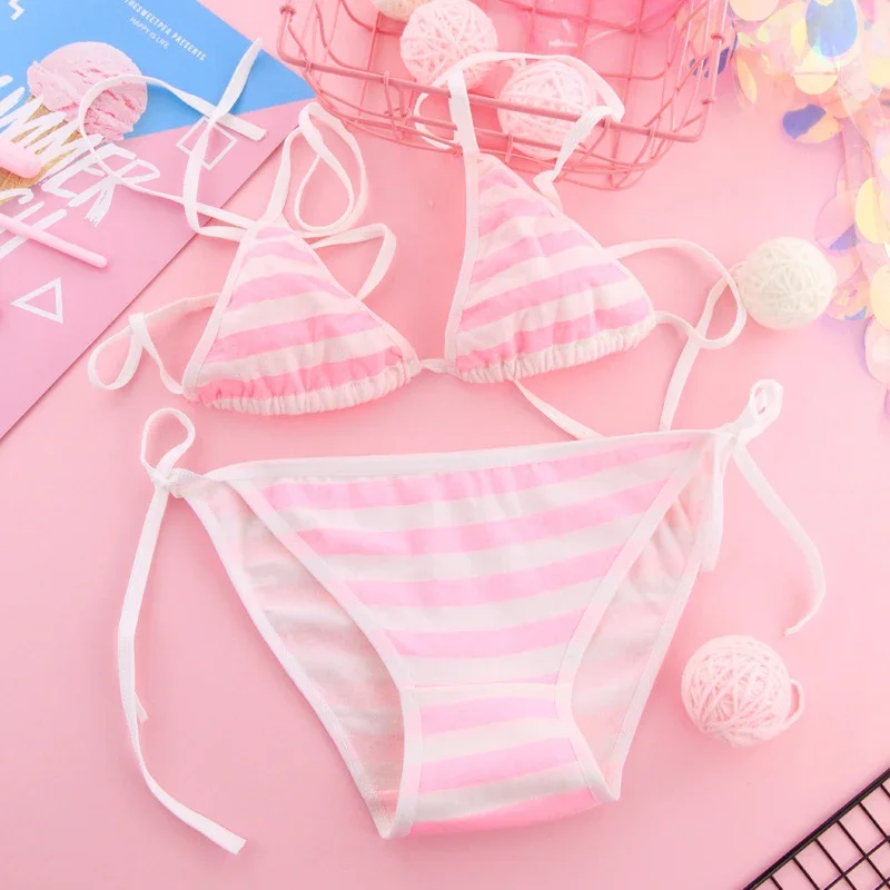 Lingerie sexy Lolita Kawaii pour femmes, bleu, rose, blanc, rayé, mini bikini, adulte, cosplay, olympiques, soutien-gorge, sous-vêtements, ensemble de 3 pièces, japon, 7.0