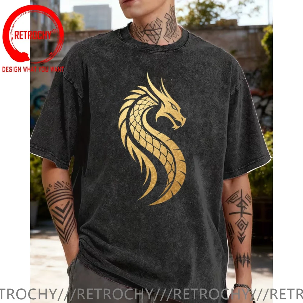 Funny Design Vintage Gold Design Abstract Luxury Dragon Symbol  Shirt Men Fashion Trendy Casual Clothing Stylish Tops Tee Shirt