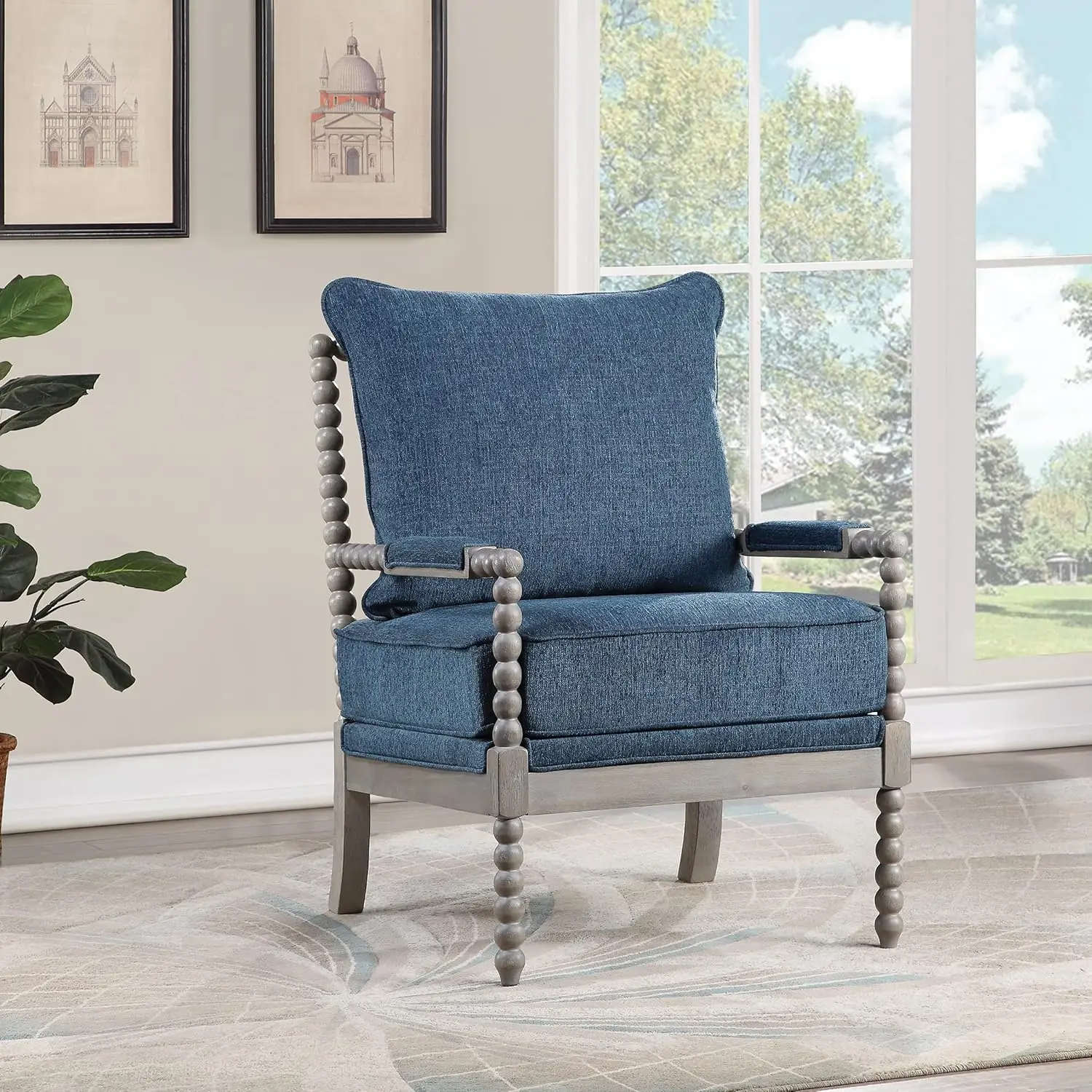 Home Furnishings Abbott Spindle Accent Chair with Padded Spring Seat and Brushed Grey Base, Azure Blue Fabric