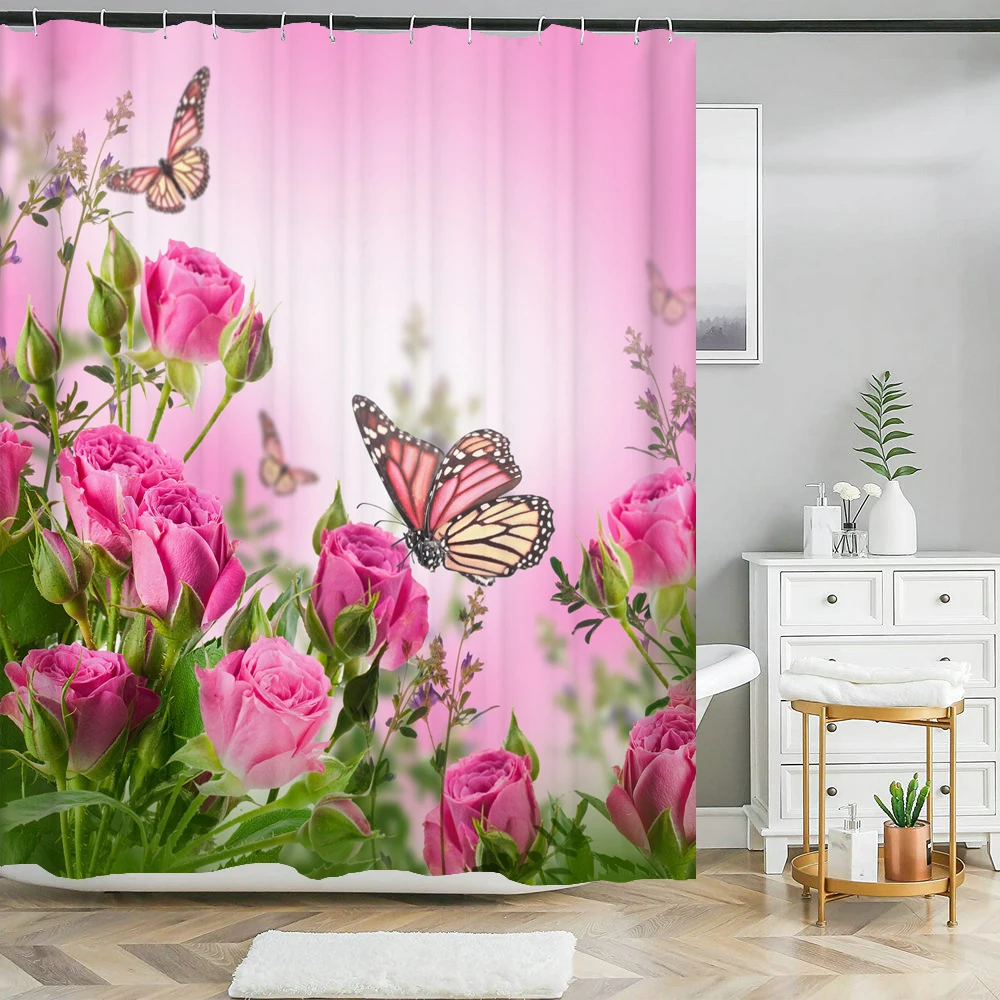 Butterfly Rose Flower Printed Waterproof Bathroom Shower Curtain Set Non-Slip Bath Mat Rug Sets Toilet Cover Bathroom Decor