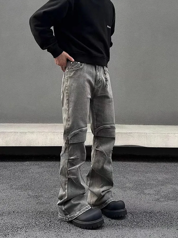 2024 Ropa Y2K Streetwear Vintage Grey Pleated Flare Jeans Pants For Men Designer Clothes Old Harajuku Luxury Goth Long Trousers