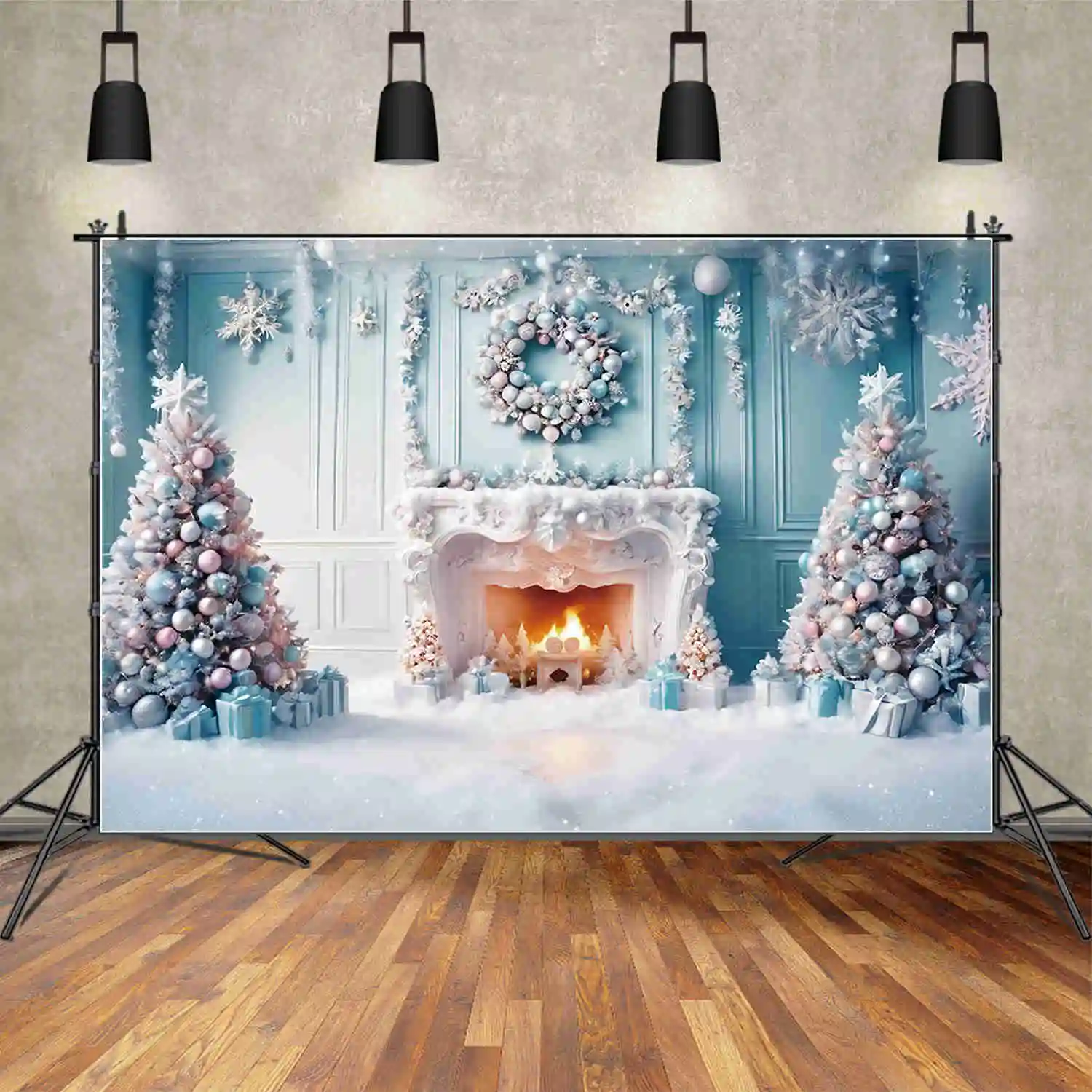 

MOON.QG Christmas Tree Children Backdrops Western Fireplace Living Room Gift Chair Backgrounds Party Decor Photocall Accessories