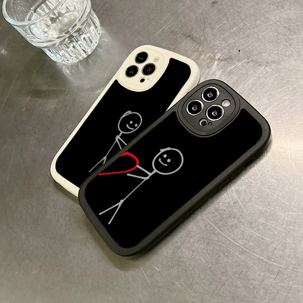 Love Stick Figure Couple BFF Phone Case For IPhone 16 15 14 Plus 13 12 11 Pro X XS XR Max Big Eyes PU Leather Cover