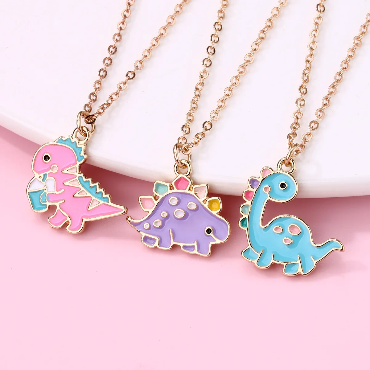 Lovecryst 3Pcs/set Cartoon Dinosaur Painted Alloy Best Friend Necklace BFF Friendship Jewelry Gifts for Kids