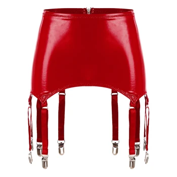 Womens Garters Suspender Belt Skirts Ladies Wet Look Patent Leather Garters with Metal Clips Clubwear Costume Underwear