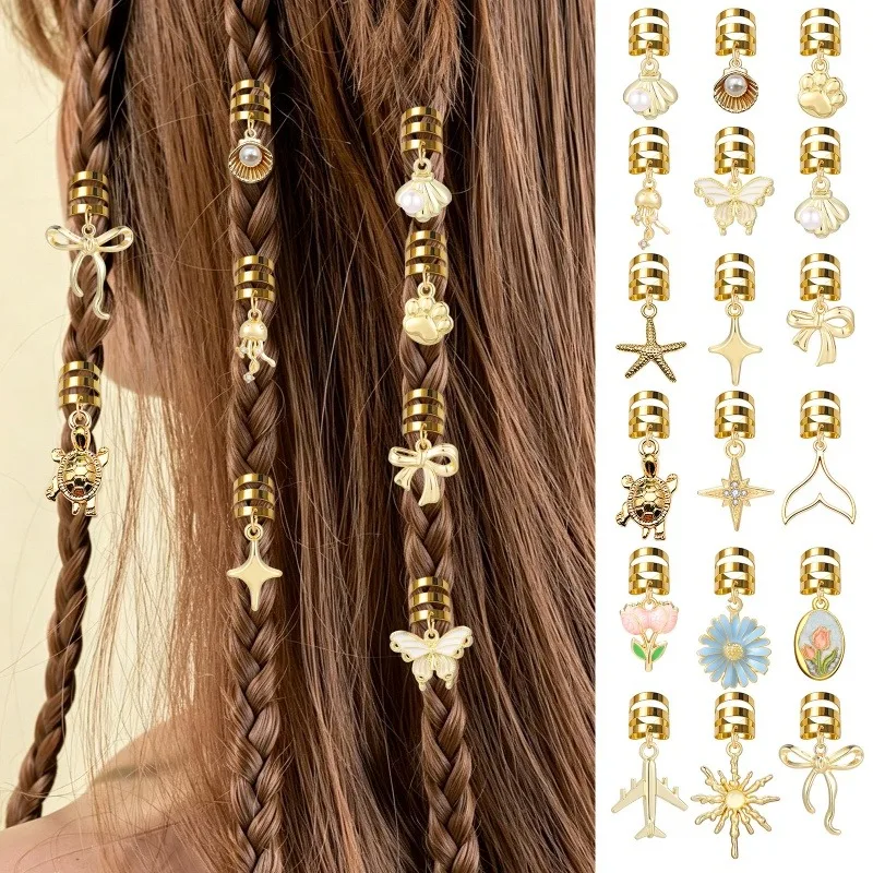 Stars Shell Pearl Shaped Alloy Hair Braid Ring Vintage HairPin For Dreadlock Women Girl summer Hair Accessories Loc Hair Jewelry