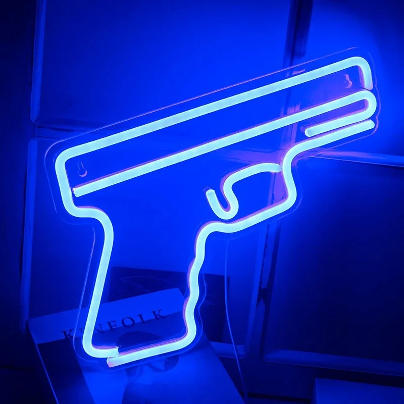 

Pistol Neon Sign Blue LED Lights Game Room Decoration for Home Bedroom Party Bar USB Powered Lamp Nice Gun Gifts for Gamer Boy