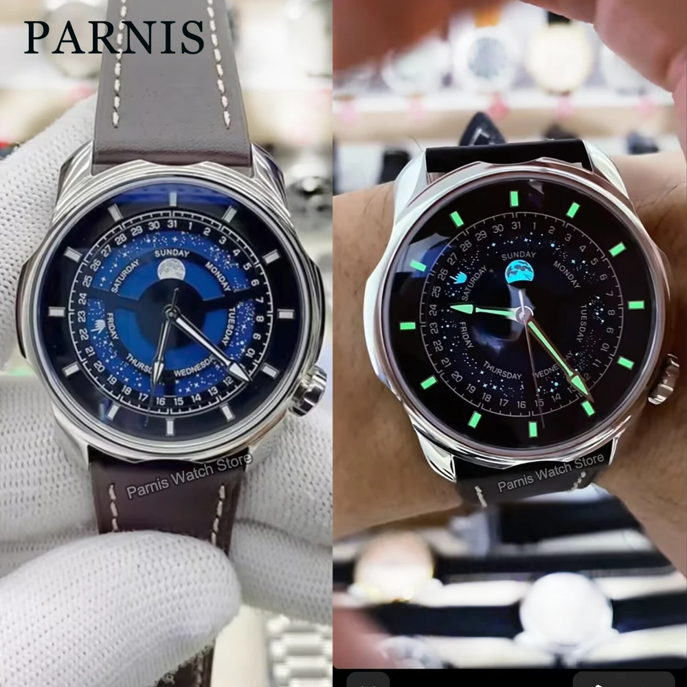 42mm Parnis Blue Romantic Starry Sky Dial Luminous Marks Wristwatch Sapphire Crystal Men Stainless Steel Automatic Watch