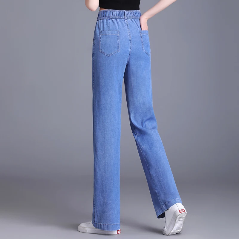 ZUZK Women Straight Style Wide Leg Jeans Summer Thin Loose Droop Elasticity  High Waist Denim Long Pants Korean Casual Pants