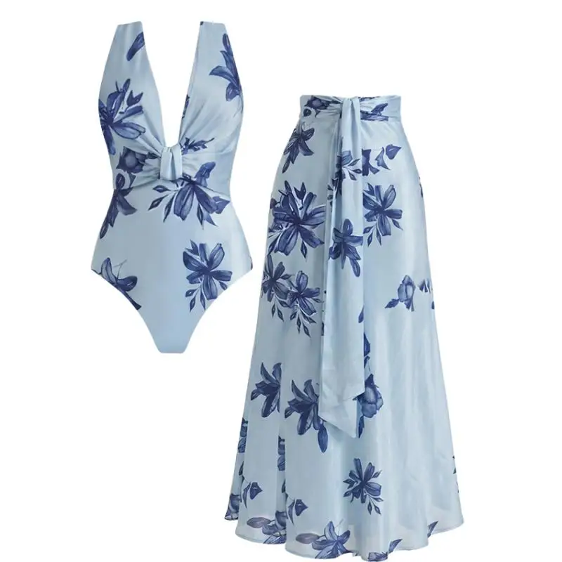 Flaxmaker Women Swimsuit And Skirt Summer Sexy V Neck Lily Printed Swimsuit Set(s) Ladies Swimwear Femme Biquini conjunto de