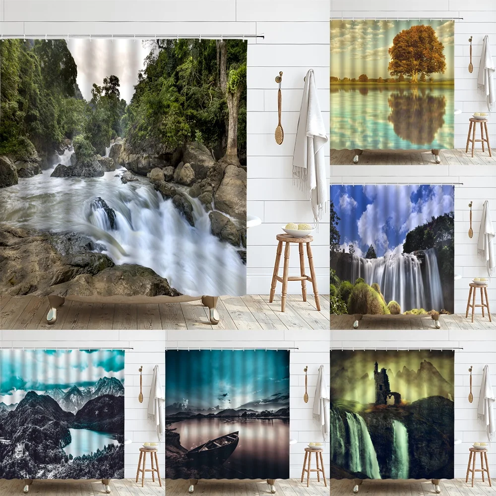 

Forest Landscape Shower Curtains Tree Waterfall Mount Scenery Stream Bathroom Curtain Set Bathtub Decor Screen Cloth With Hooks