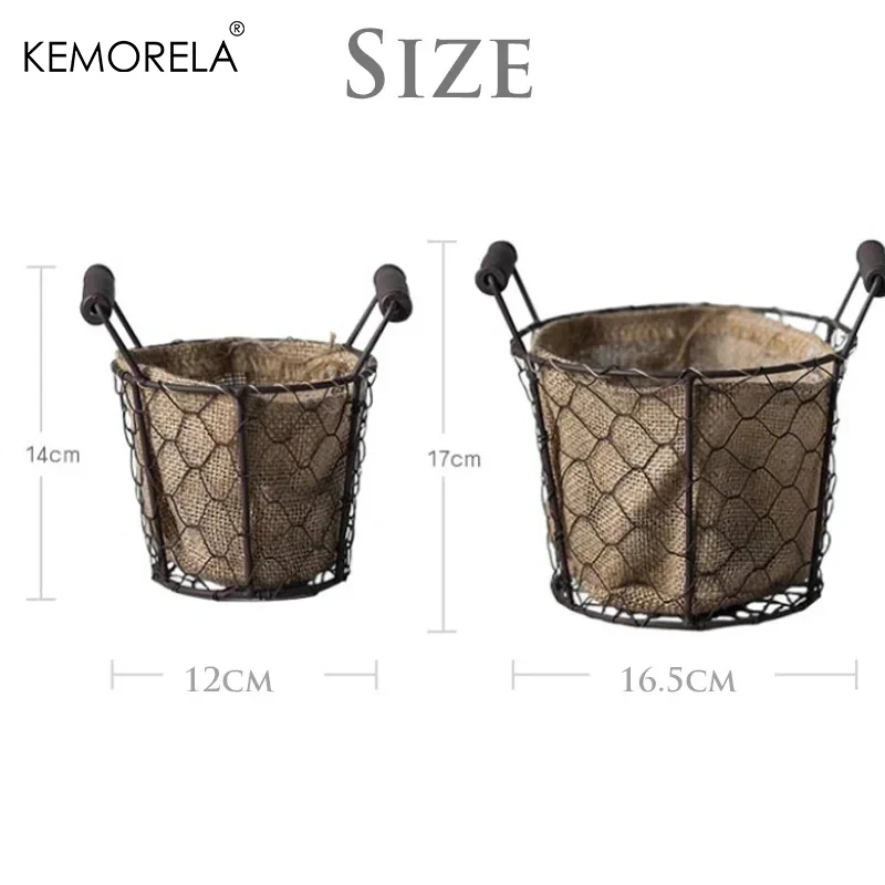 1Pc Retro Cloth Basket Flower Basket With Handle Wire Round Storage Basket For Home Garden Yard Photography Props Country Style