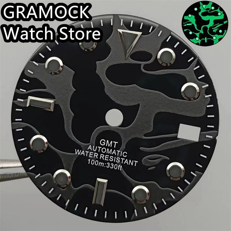 GRAMOCK 29mm Black Blue Red Orange Watch Dial And Hand Super Green Luminous Fit NH34 Automatic Movement Date Window