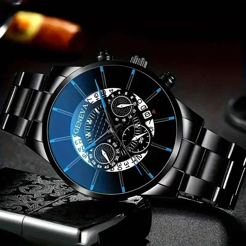 2pcs/set Men's Calendar Watch+Woven Bracelet, Circular Dial, Men's Watch Set (No Box)