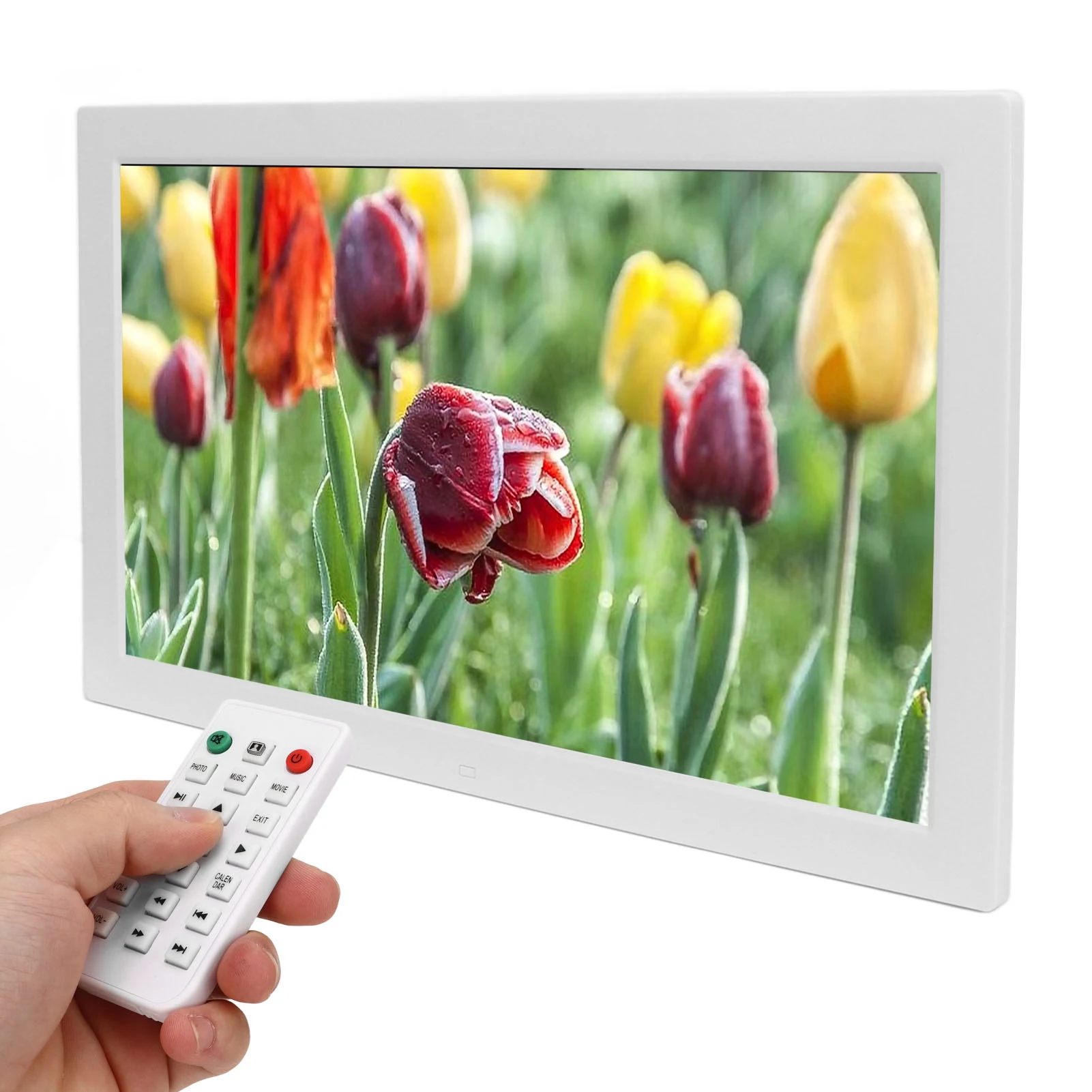Multi-Function 1080P Digital Photo Frame Clear Display 19in Screen White Music Clock Calendar Functions Picture Frame for Home
