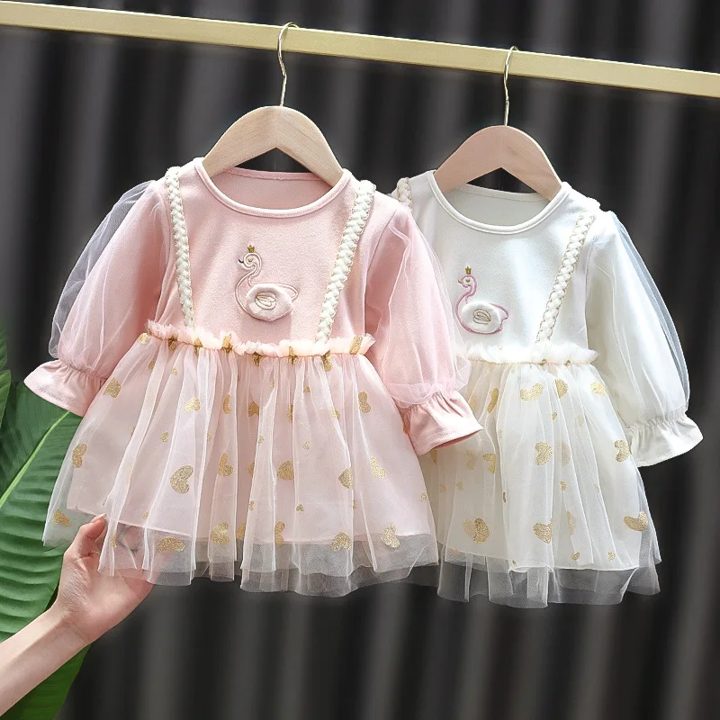 Girls Spring and Autumn New Style Princess Dress Swan Long-sleeved Dress Mesh Skirt Outer Wear Casual Sweet