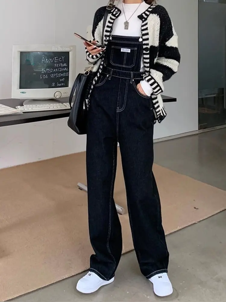 

Retro High Waist Loose Straight Leg Denim Overalls Women's Autumn Winter New Style Slimming plus Size Wide Leg Long Pants