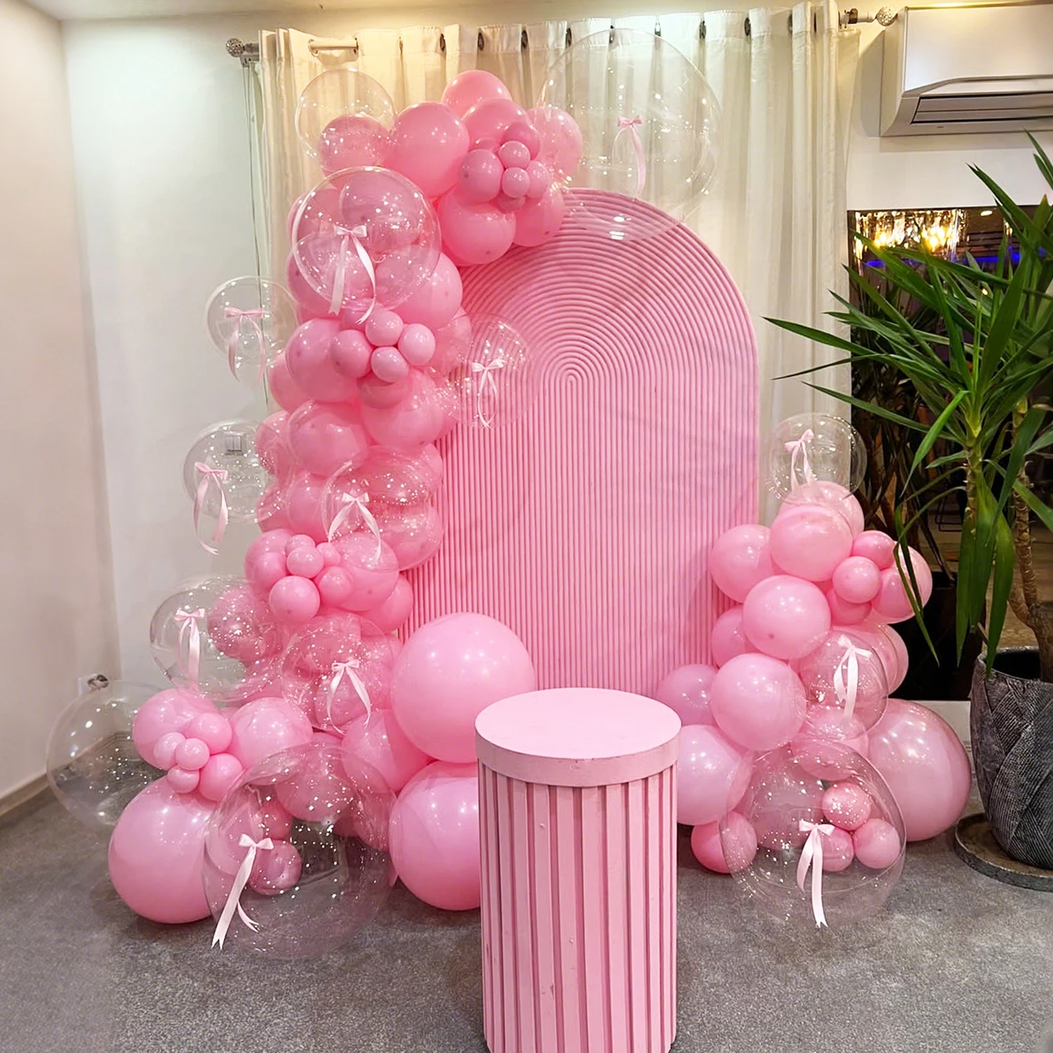 75-teiliges rosa Ballon-Set mit transparentem Wellenkugelbogen und Blumenkranz zum Selbermachen, Satin-Schleifenband für Hochzeiten, Geburtstagsfeiern
