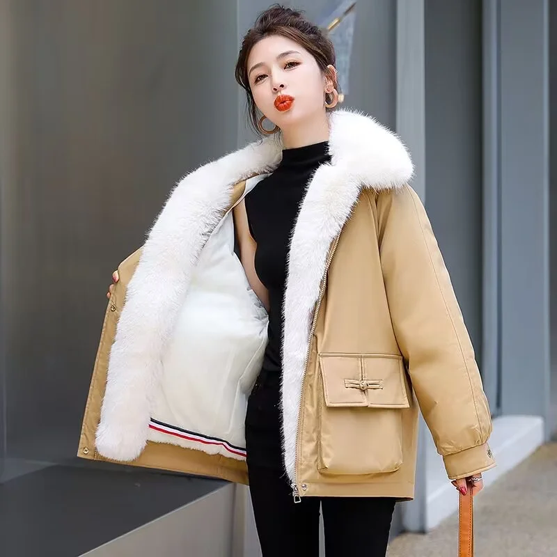 2024 Winter Warm Coat New Cotton Coat Short Large Plush Thickened Large Fur Collar Hooded Cotton Coat Parka Female Pink