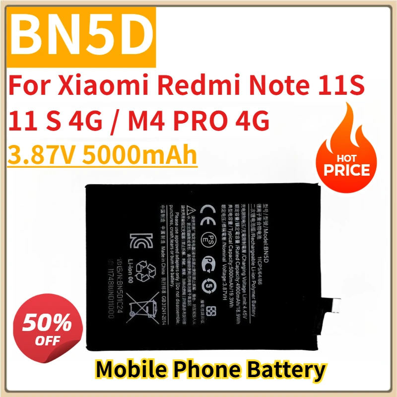 

Новый сменный аккумулятор для мобильного телефона BN5D 3,87 В 5000 мАч для Xiaomi Redmi Note 11S 11 S 4G/M4 PRO 4G