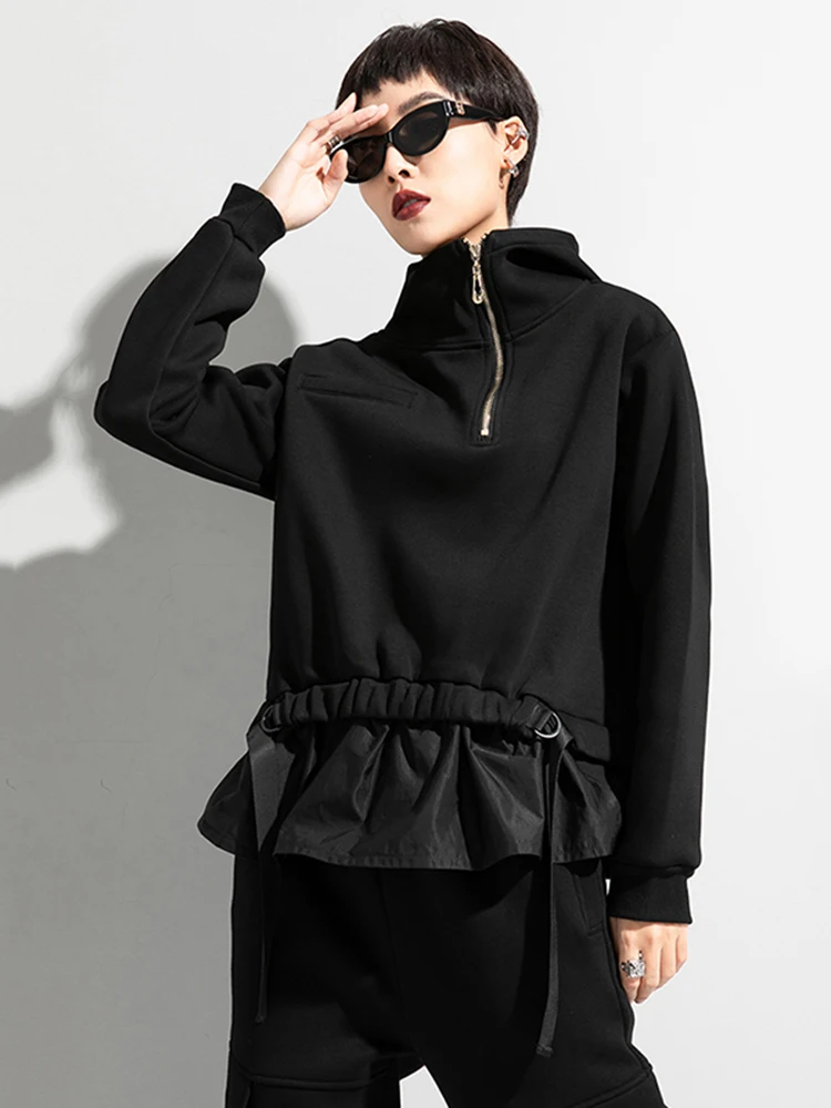 [EAM] Loose Fit Ruffles Spliced Sweatshirt New Hoooded Long Sleeve Women Big Size Fashion Tide Spring Autumn 2024 1DD2569